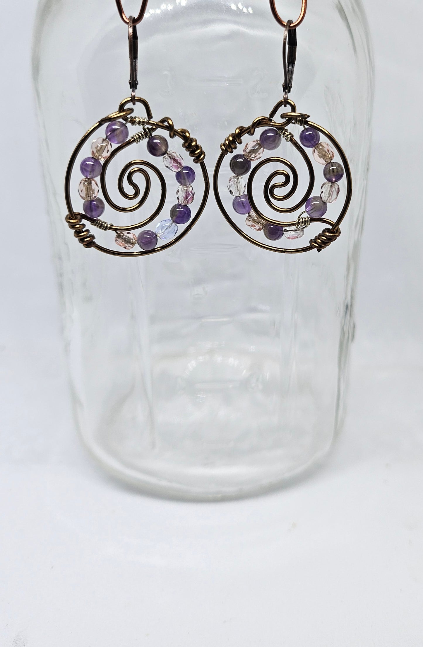 Bronze Wire, Amethyst andCrystal Swirl Earrings