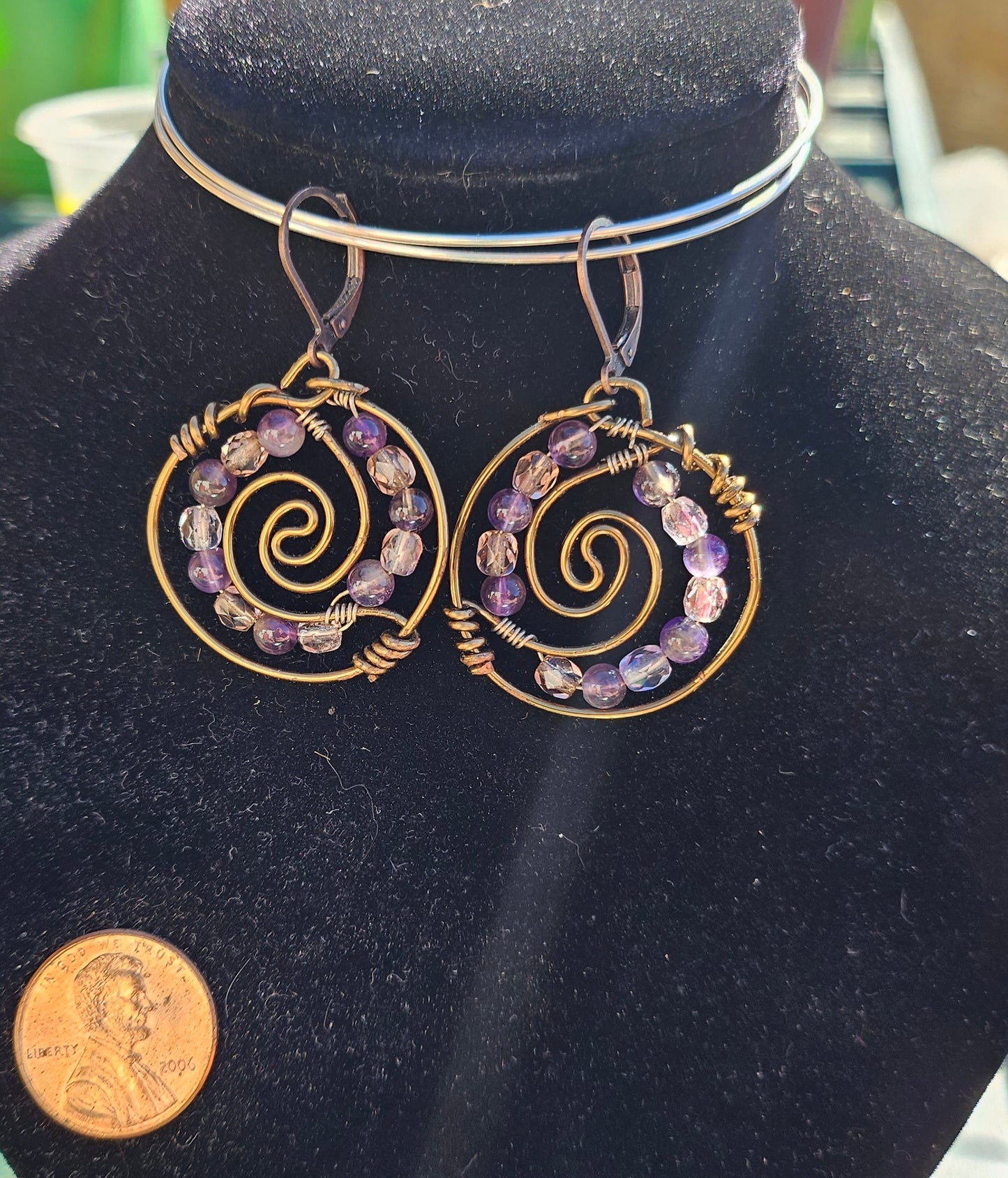 Bronze Wire, Amethyst andCrystal Swirl Earrings