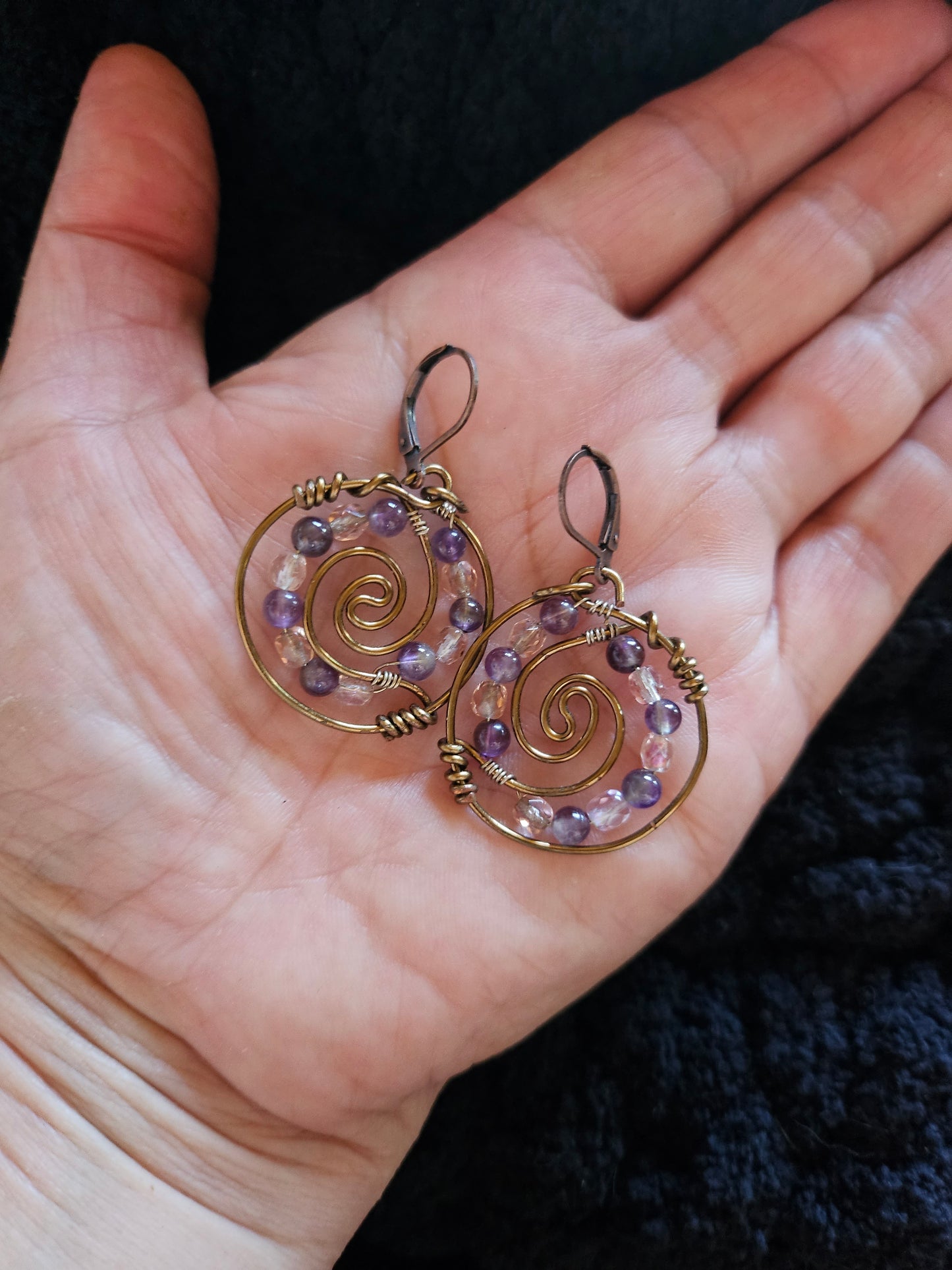 Bronze Wire, Amethyst andCrystal Swirl Earrings